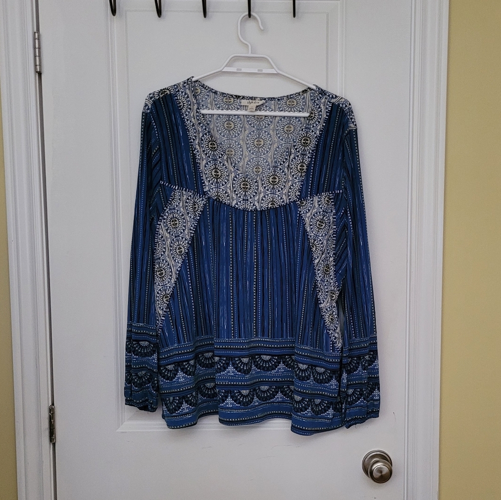 Style & Co blouse boho tunic top shirt blue yellow white stretchy plus size XL